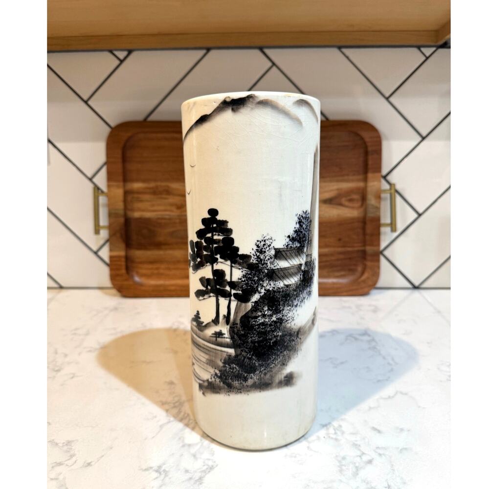 Vintage Hand finished cylindrical ceramic vase East Asian ink landscape